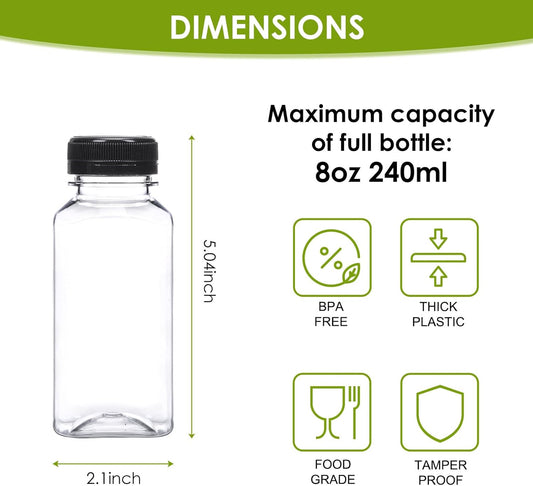200pcs 8oz Plastic Juice Bottles with Caps, Clear Empty Reusable Water Bottles, Disposable Beverage Containers Bulk for Juicing Smoothies Turmeric Juice Milk and Other Beverages