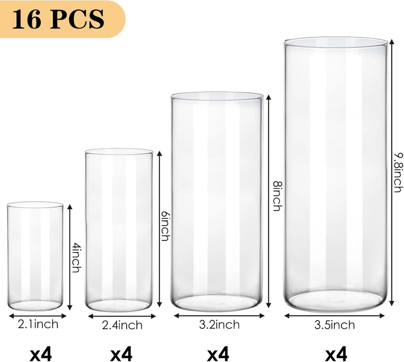 Fixwal 16pcs Clear Glass Cylinder Vases, 4, 6, 8, 10 Inch Tall Cylinder Vases for Centerpieces, Glass Flower Vase Floating Candle Holder Vase for Table Shelf, Party, Wedding, Home Decor