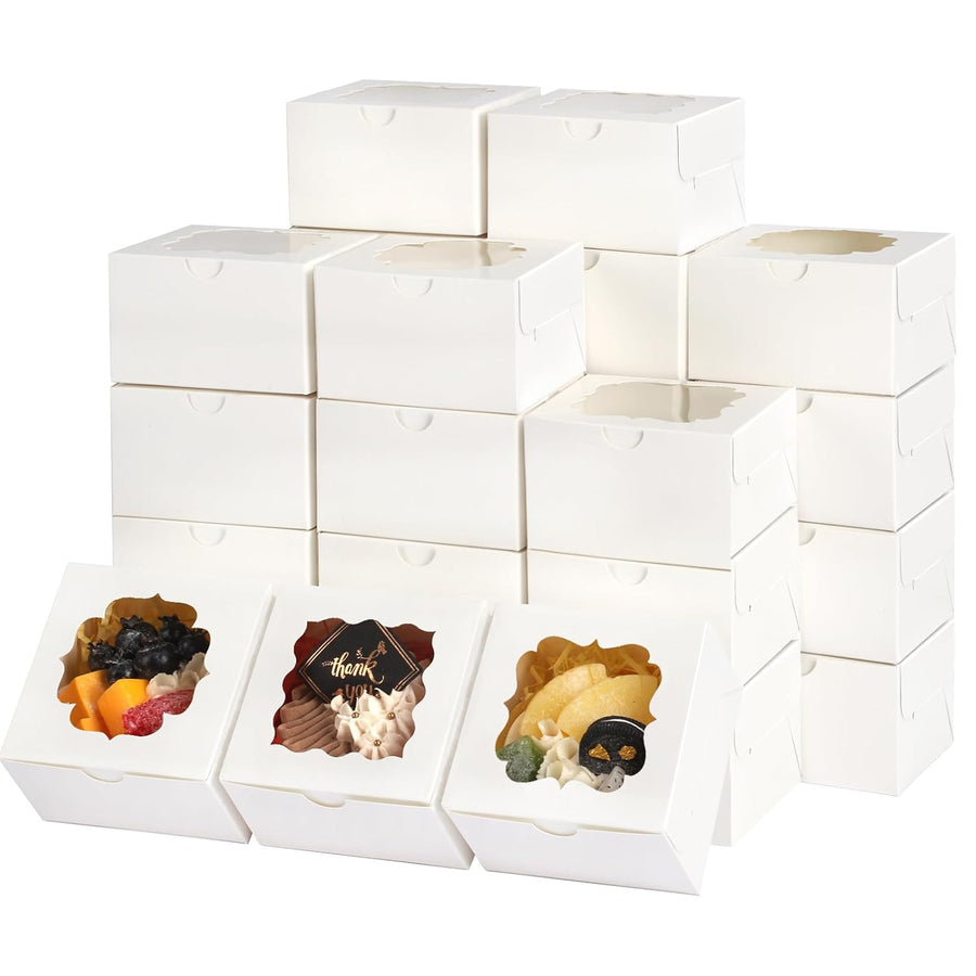 150pcs White Small Cookie Boxes with Window,4x4x2.5 Inch Small Bakery Boxes, 3 Style, Cookie Boxes Bulk for Dessert, Chocolate Strawberries Donuts and Party Favor