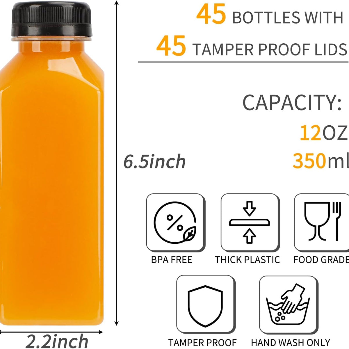 45pcs Juice Bottles, 12oz Reusable Juice Bottles with Caps and Labels, Funnel, Brush Beverage Containers for Juicing, Smoothies, Tea, Milk