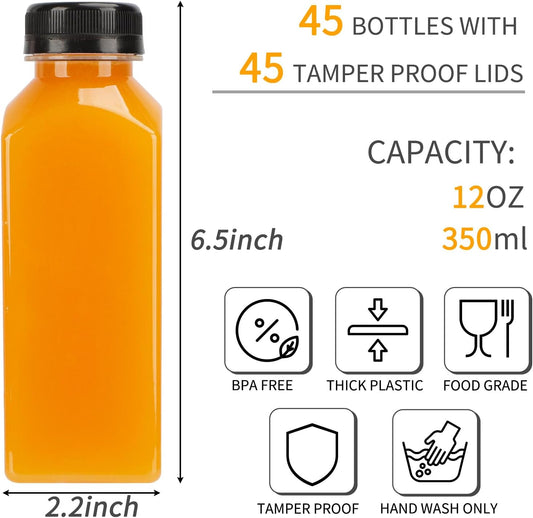45pcs Juice Bottles, 12oz Reusable Juice Bottles with Caps and Labels, Funnel, Brush Beverage Containers for Juicing, Smoothies, Tea, Milk