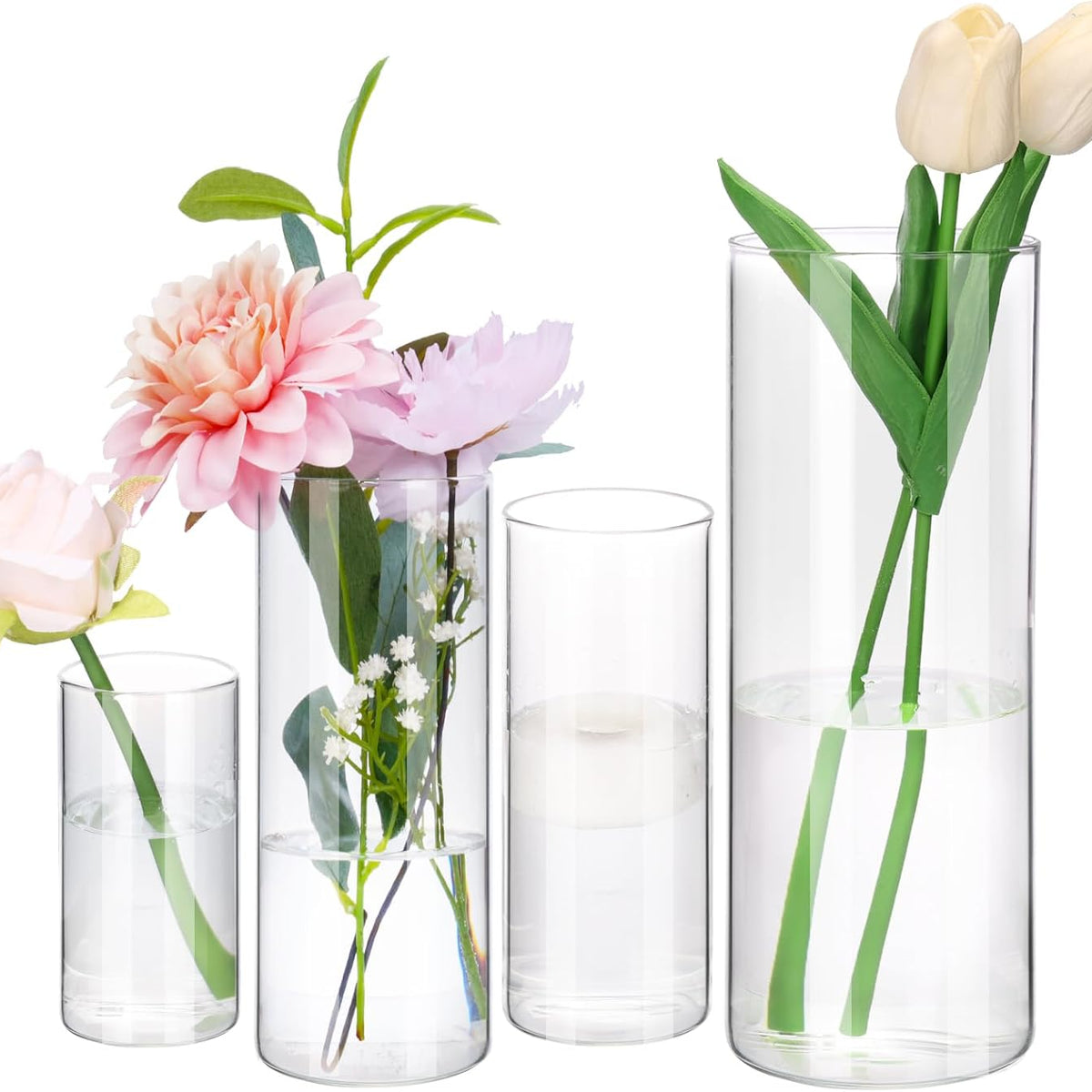 Fixwal 4pcs Clear Glass Cylinder Vases, 4, 6, 8, 10 Inch Tall Cylinder Vases for Centerpieces, Glass Flower Vase Floating Candle Holder Vase for Table Shelf, Party, Wedding, Home Decor