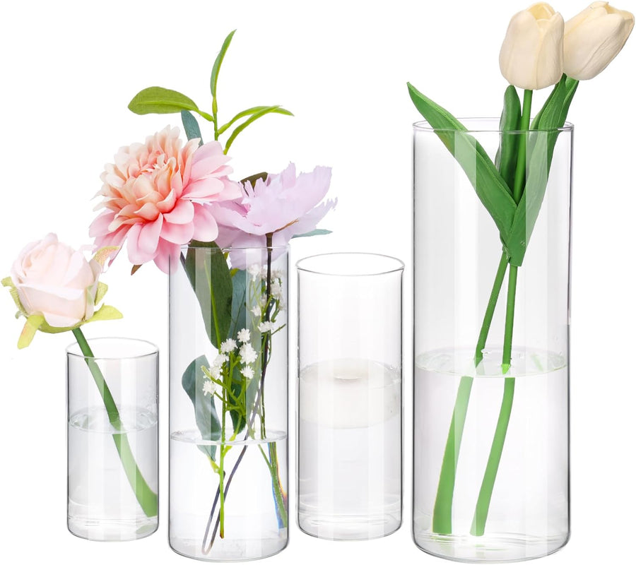 4pcs Clear Glass Cylinder Vases, 4, 6, 8, 10 Inch Tall Cylinder Vases for Centerpieces, Glass Flower Vase Floating Candle Holder Vase for Table Shelf, Party, Wedding, Home Decor