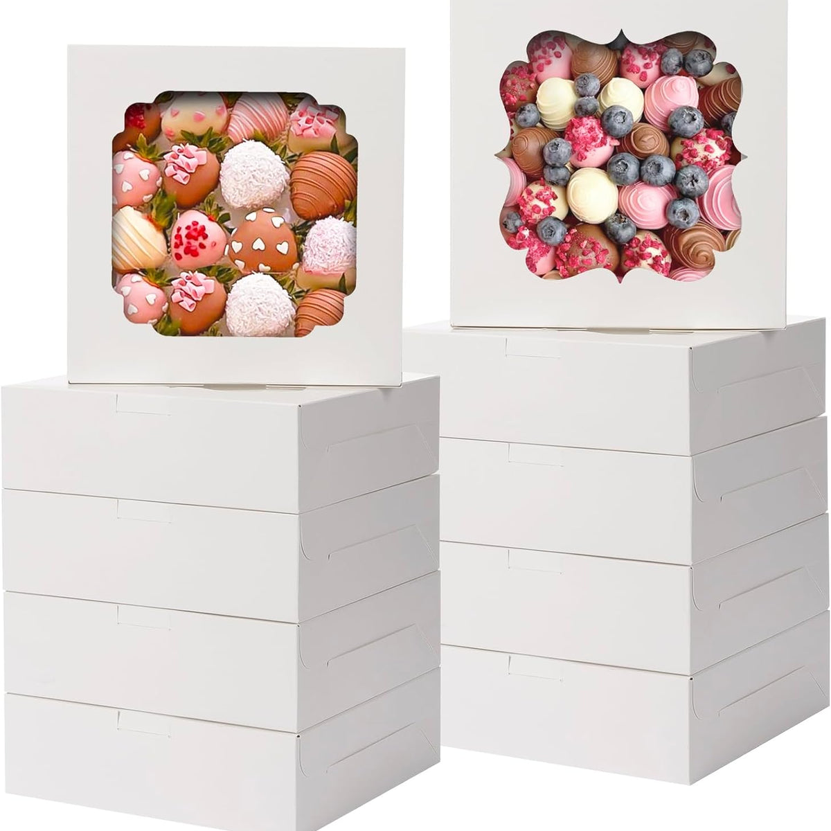 60pcs Cookie Boxes, 8x8x2.5 Inches Bakery Boxes with 2 Style Windows for Chocolate Strawberries, Pie, Pastry, Dessert, Cake, Birthday Party, Mother's Day, Weddings