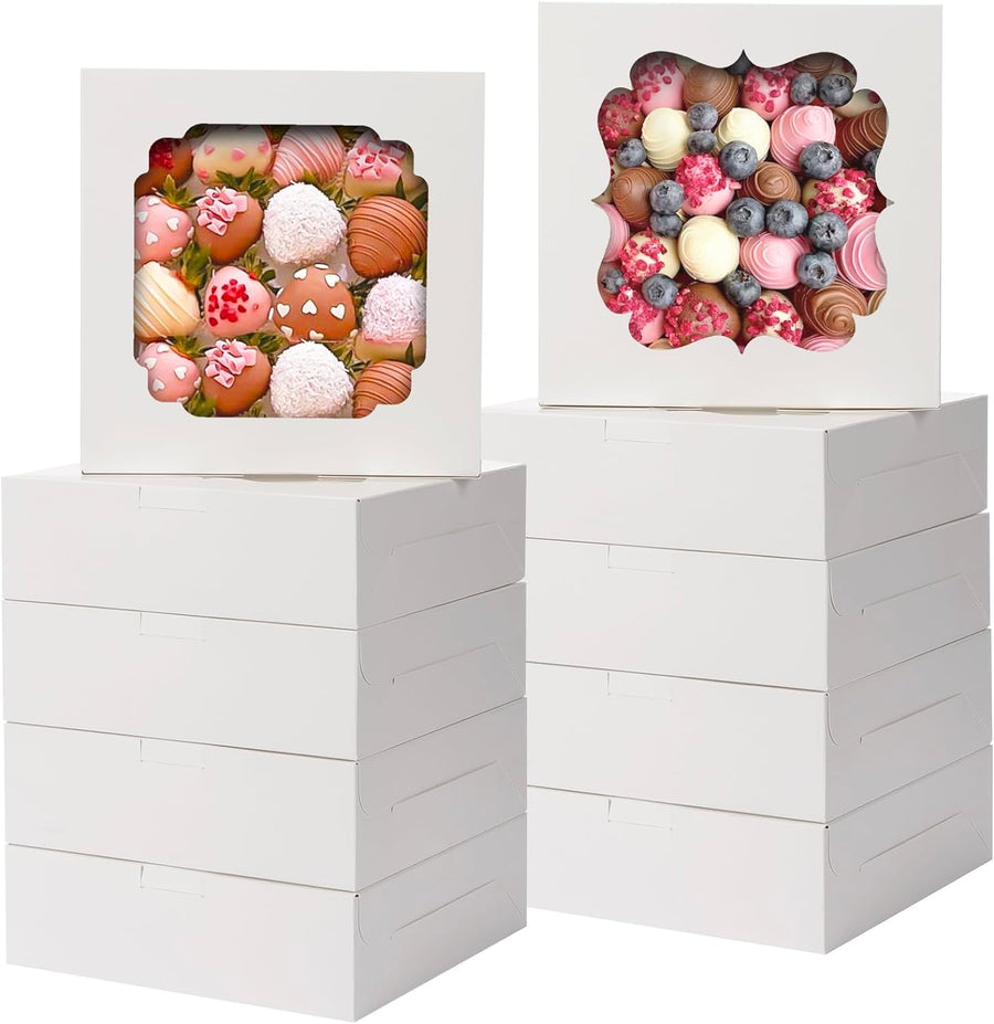 60pcs Cookie Boxes, 8x8x2.5 Inches Bakery Boxes with 2 Style Windows for Chocolate Strawberries, Pie, Pastry, Dessert, Cake, Birthday Party, Mother's Day, Weddings
