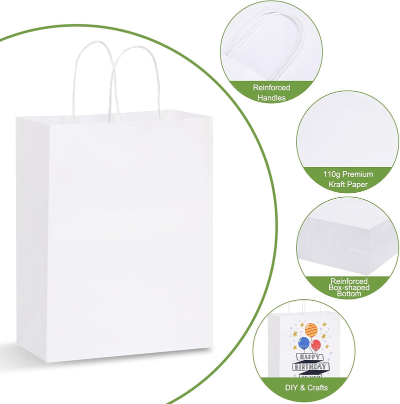 Moretoes Paper Bags with Handles 100pcs 10x5x13 Inches, White Kraft Gift Bags Bulk for Shopping, Retail, Small Business, Birthday Wedding Party Favor, Merchandise