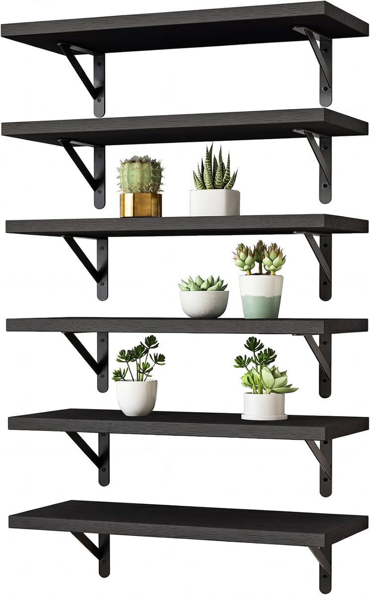Wall Shelves for Bedroom, 16.5 Inch Floating Shelves for Wall, Shelves for Bathroom Storage, Living Room and Kitchen Decor (Set of 6 Black)