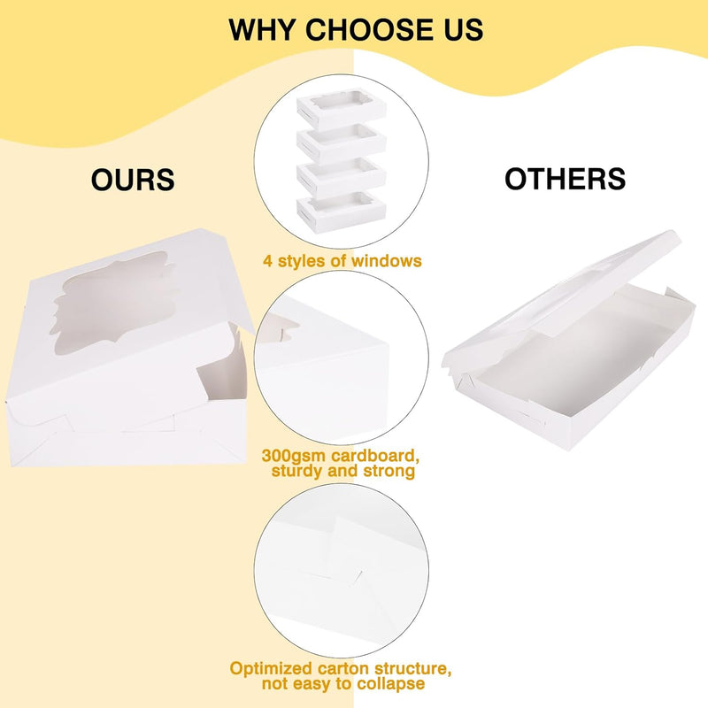 80pcs Cookie Boxes with Window, 12x8x2.5 Inches 4 Style Bakery Boxes, Large White Treat Containers for Chocolate Strawberries, Cakes, Donuts, Muffins and Pastries