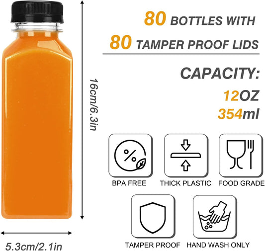 80pcs Juice Bottles, 12oz Reusable Plastic Juice Bottles with Caps and Labels, Funnel, Brush Beverage Containers for Juicing, Smoothies, Tea, Milk