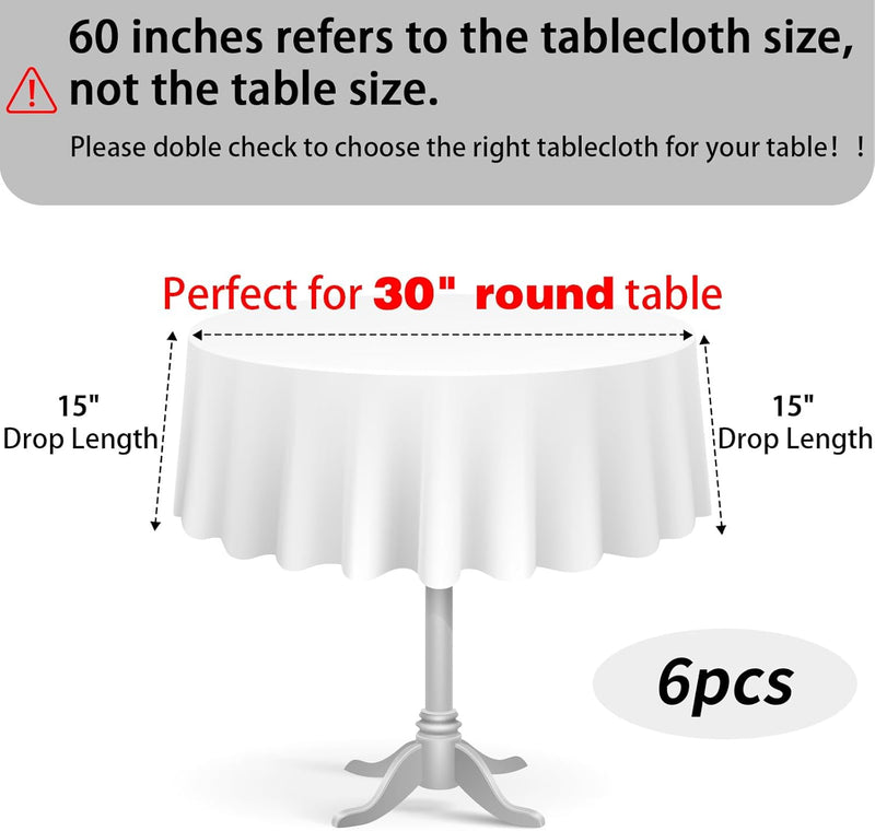 Fixwal 6 Pack White 60 Inch Round Tablecloths, Reusable Heavy Duty Washable Polyester Table Covers, Fits 20-40 Inch Tables, Stain and Wrinkle Resistant for Wedding, Party, Outdoor, Picnic, Camping