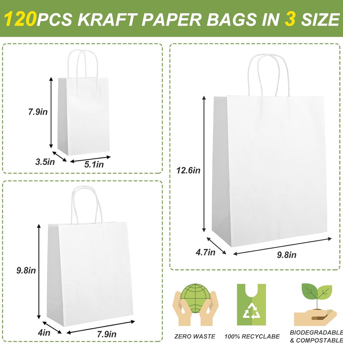 120pcs White Paper Bags with Handles Mixed Size Bulk Kraft Paper Gift Bags for Business, Shopping, Retail, Merchandise