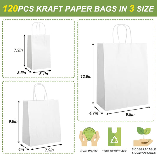 120pcs White Paper Bags with Handles Mixed Size Bulk Kraft Paper Gift Bags for Business, Shopping, Retail, Merchandise