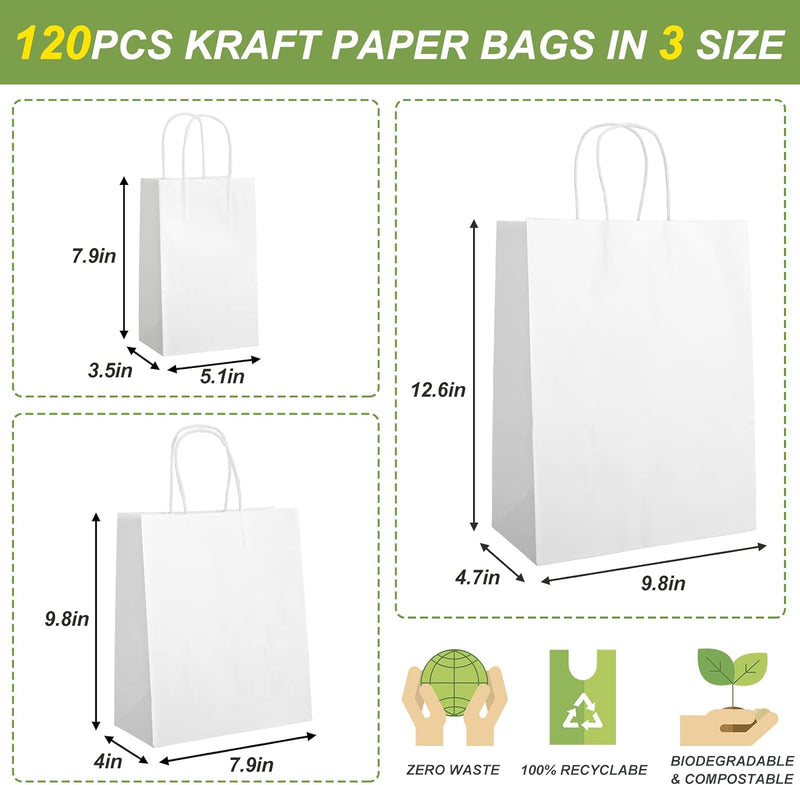 120pcs White Paper Bags with Handles Mixed Size Bulk Kraft Paper Gift Bags for Business, Shopping, Retail, Merchandise