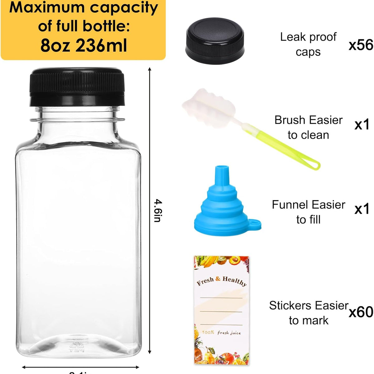 Moretoes 56pcs 8oz Plastic Juice Bottles with Caps, Reusable Clear Plastic Juicing Bottles Juice Containers with Lids Suitable for Milk, Milkshakes and Other Juiced Beverages