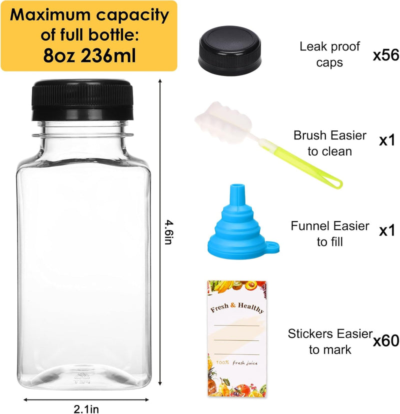 Moretoes 56pcs 8oz Plastic Juice Bottles with Caps, Reusable Clear Plastic Juicing Bottles Juice Containers with Lids Suitable for Milk, Milkshakes and Other Juiced Beverages