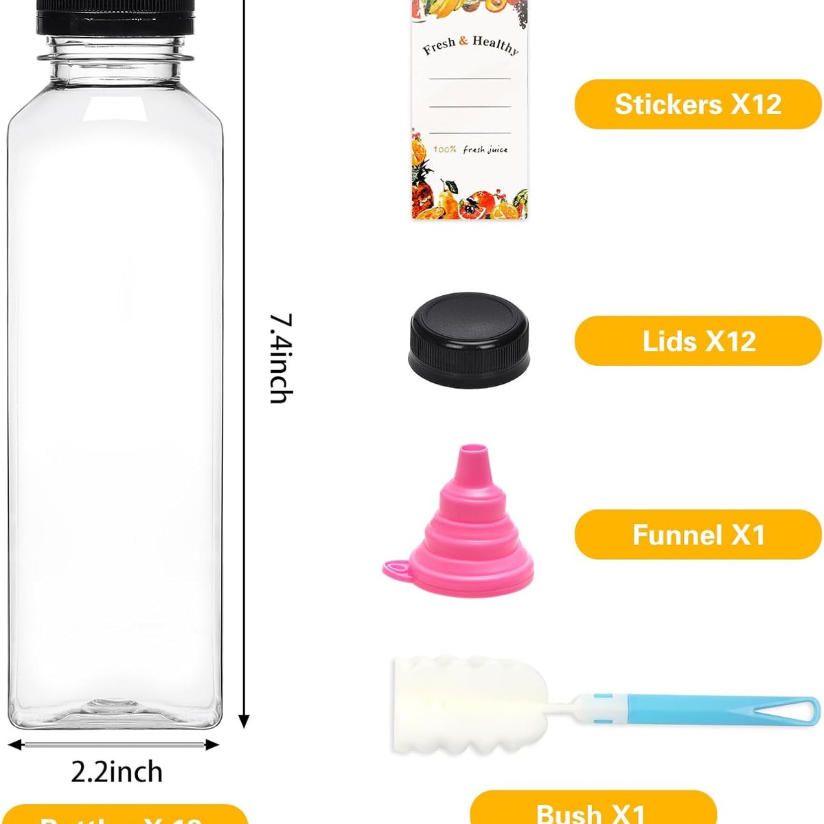 Moretoes 12pcs 16oz Plastic Juice Bottles with Caps, Reusable Juicing Bottles, Clear Empty Containers for Drinks, Smoothies and Other Beverages