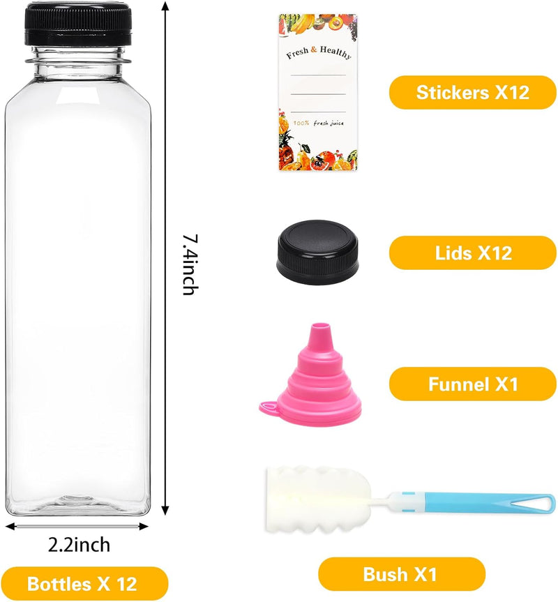Moretoes 12pcs 16oz Plastic Juice Bottles with Caps, Reusable Juicing Bottles, Clear Empty Containers for Drinks, Smoothies and Other Beverages