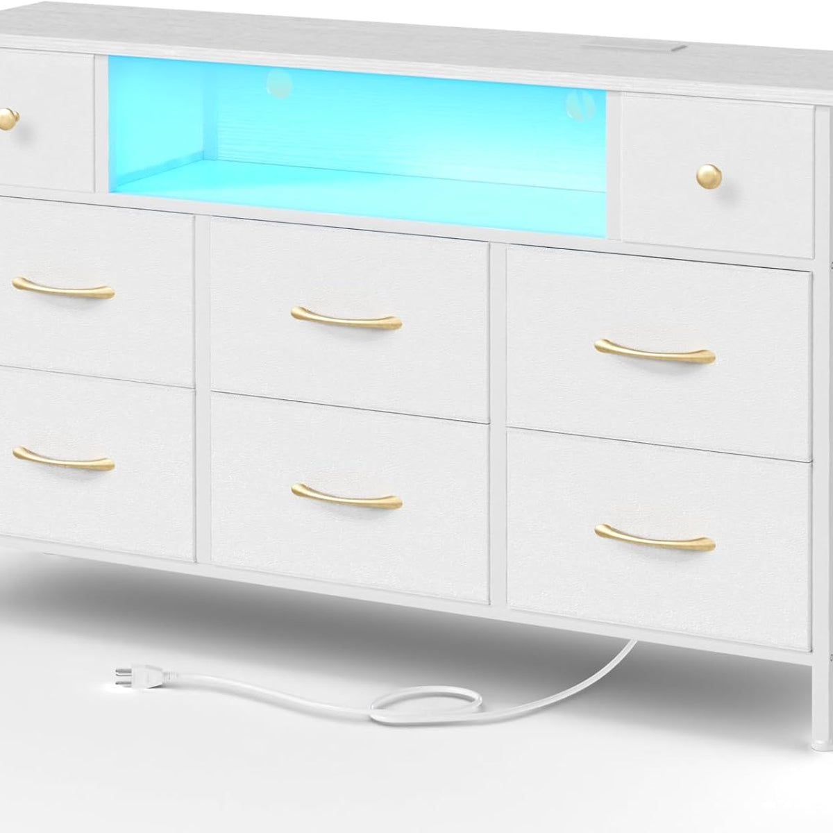 Fixwal Dresser for Bedroom with Power Outlets and LED Lights, White 55" TV Stand with 8 Drawers, Fabric Chest of Drawers with PU Finish for Living Room, Entryway