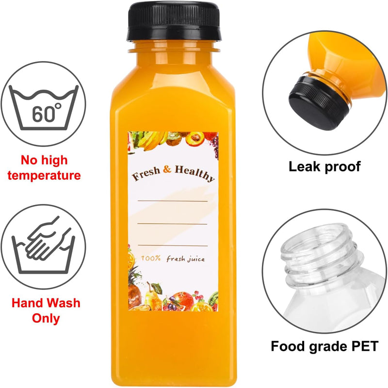 Moretoes 56pcs 12oz Juice Bottles with Caps, Plastic Bottles with Brush Funnel and Labels for Juice and Other Beverages