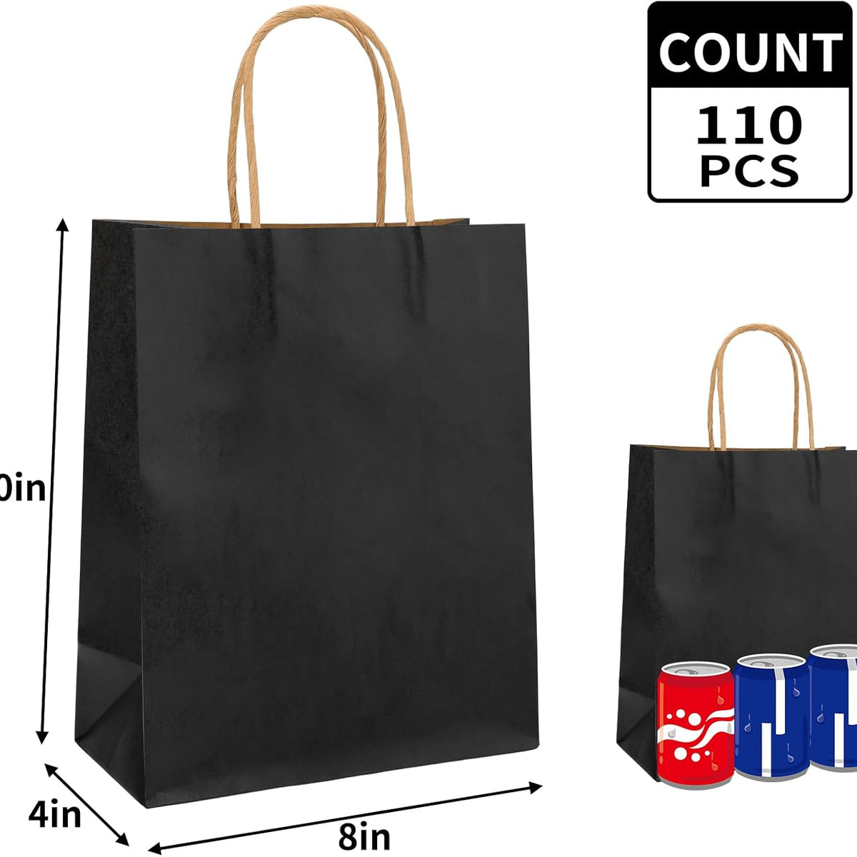 Moretoes 110pcs Paper Gift Bags Black Paper Bags with Handles, 8x4x10 Inch Medium Sizes Gift Bags Bulk, Paper Bags for Small Business, Shopping Bags, Retail Bags, Party Bags, Favor Bags