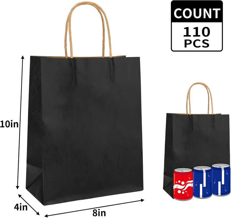 Moretoes 110pcs Paper Gift Bags Black Paper Bags with Handles, 8x4x10 Inch Medium Sizes Gift Bags Bulk, Paper Bags for Small Business, Shopping Bags, Retail Bags, Party Bags, Favor Bags