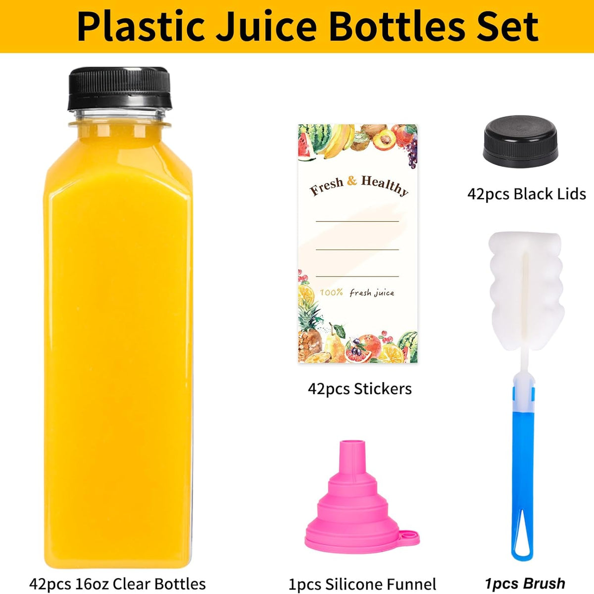 Moretoes 42pcs 16oz Plastic Juice Bottles with Caps, Reusable Juicing Bottles with Lids, Clear Containers for Smoothies and Other Beverages