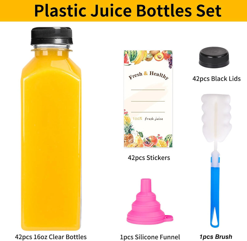 Moretoes 42pcs 16oz Plastic Juice Bottles with Caps, Reusable Juicing Bottles with Lids, Clear Containers for Smoothies and Other Beverages