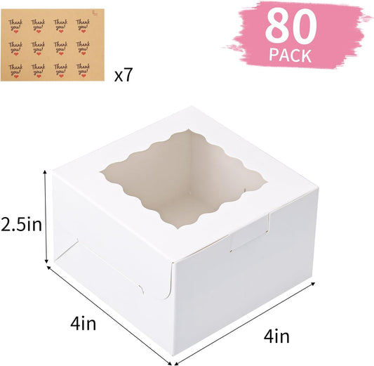 Moretoes 80pcs Small Cookie Boxes 4x4x2.5in White Bakery Boxes with Window Treat Boxes Cake Boxes for Dessert Pastry Macaron
