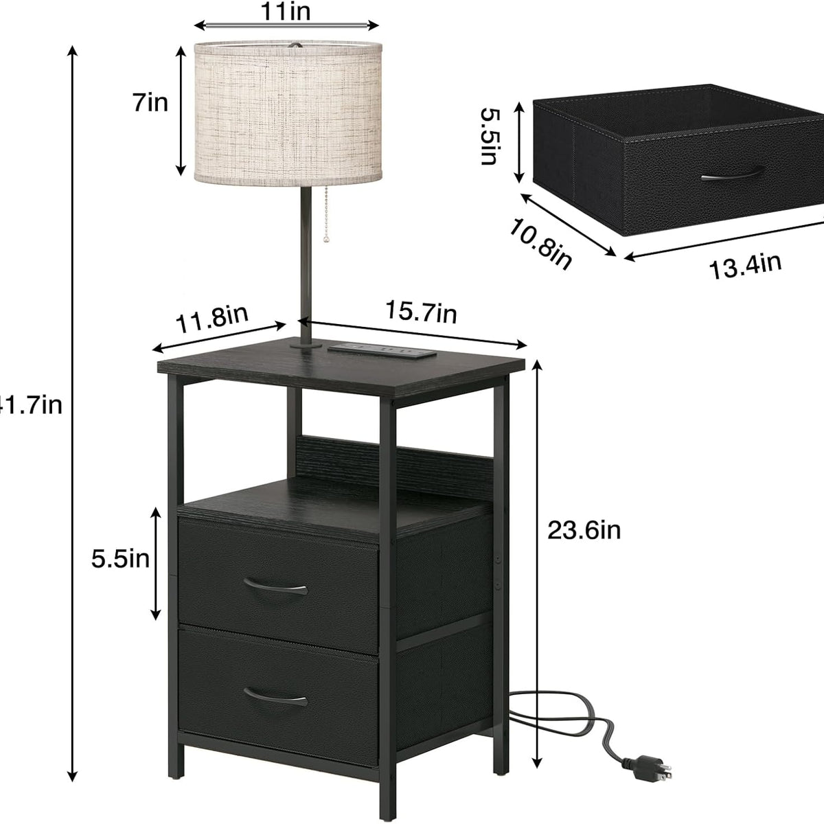 Fixwal Bedside Table with 3 Color Temperature Reading Light, Nightstand with LED Light & Charging Station End Table with Adjustable Fabric Drawer for Bedroom, Dorm, Black