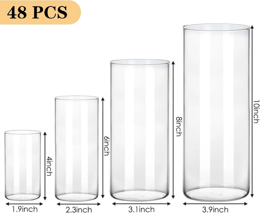 Fixwal 48pcs Clear Glass Cylinder Vases, 4, 6, 8, 10 Inch Tall Cylinder Vases for Centerpieces, Glass Flower Vase, Floating Candle Holder Vase for Table Shelf, Party, Wedding, Home Decor