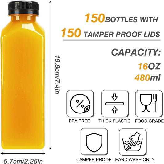 150pcs Juice Bottles, 16oz Reusable Plastic Juice Bottles with Caps and Labels, Funnel, Brush Beverage Containers for Juicing, Smoothies, Tea, Milk