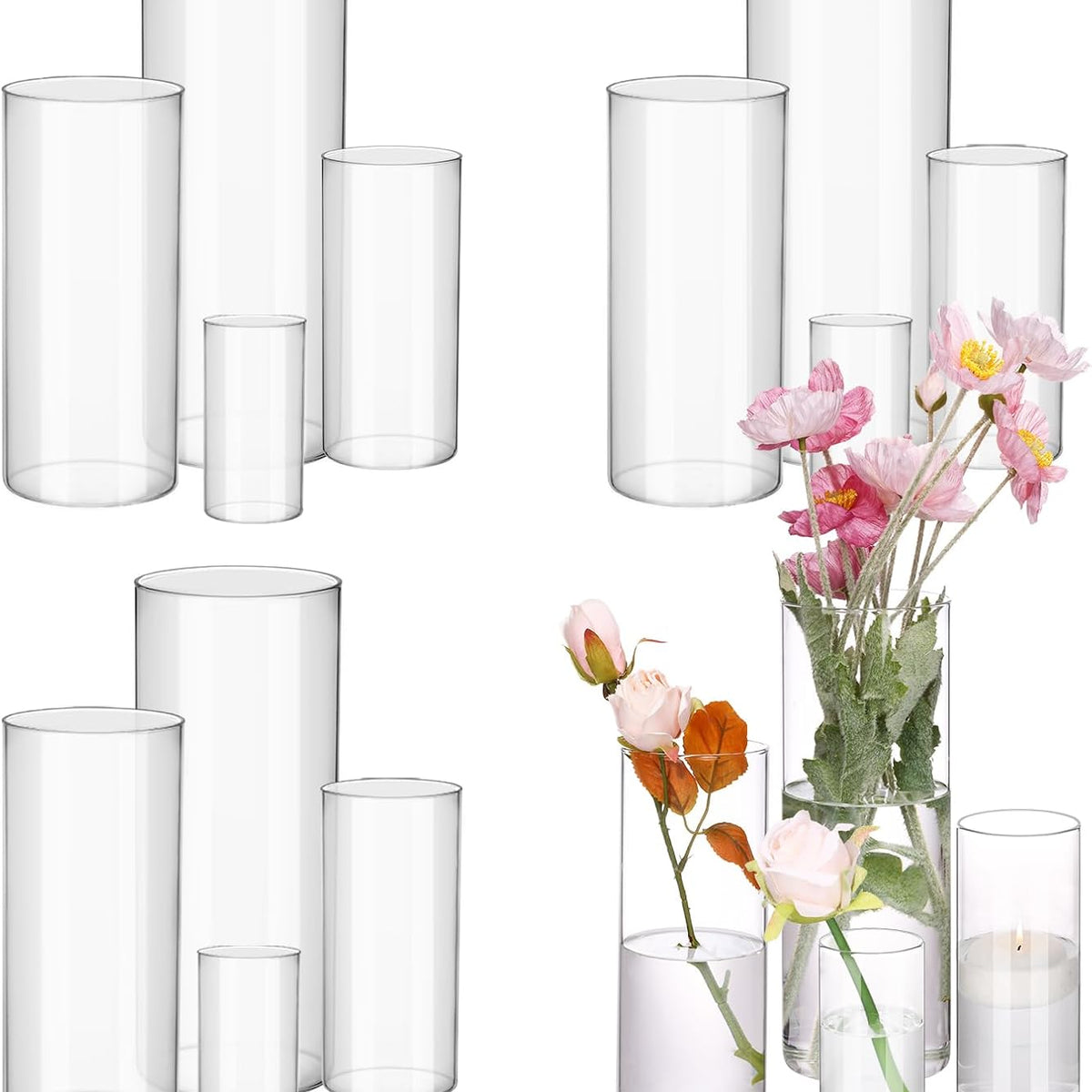 Fixwal 16pcs Clear Glass Cylinder Vases, 4, 6, 8, 10 Inch Tall Cylinder Vases for Centerpieces, Glass Flower Vase Floating Candle Holder Vase for Table Shelf, Party, Wedding, Home Decor