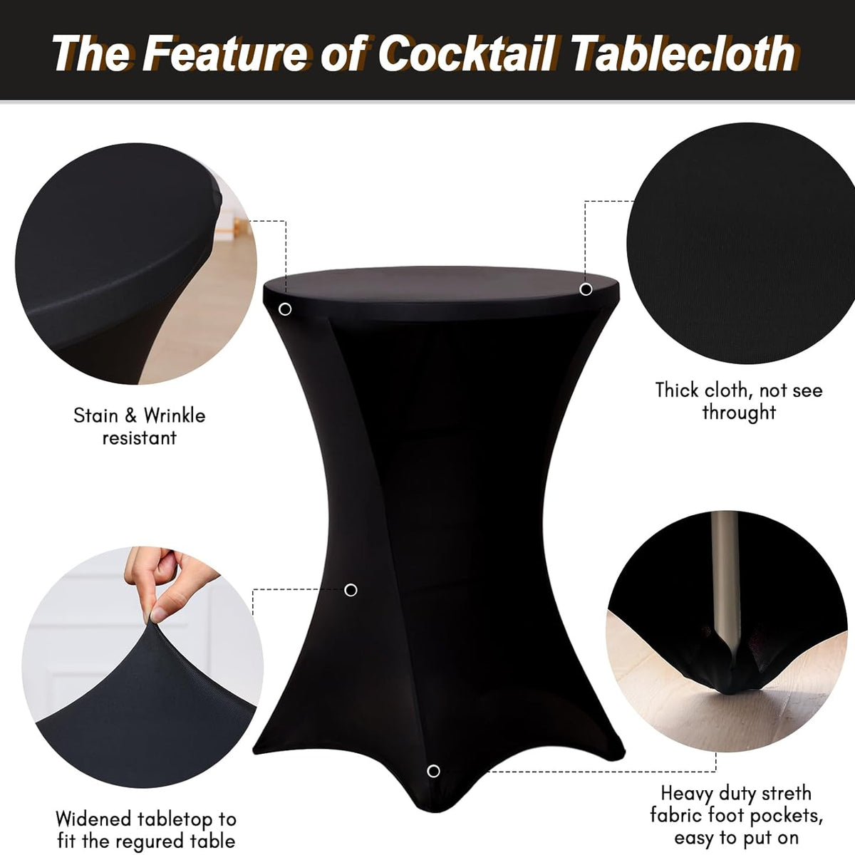 Fixwal Cocktail Tablecloth, Bar Top Table Covers 2 Pack 32x43 Black High Table Cloths Round Table Cover, Spandex Stretch Table Cloth for Pub, Party, Wedding