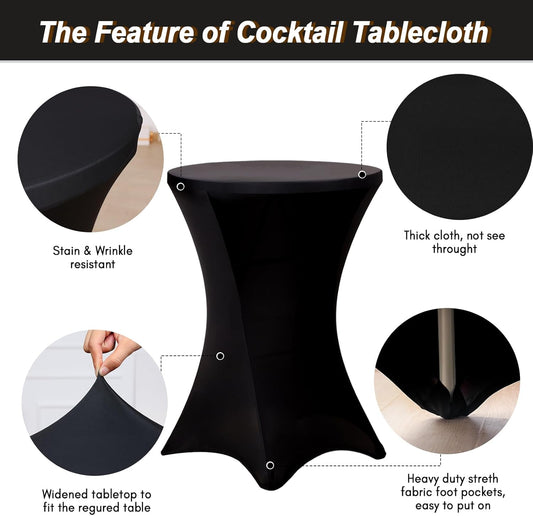 Fixwal Cocktail Tablecloth, Bar Top Table Covers 2 Pack 32x43 Black High Table Cloths Round Table Cover, Spandex Stretch Table Cloth for Pub, Party, Wedding