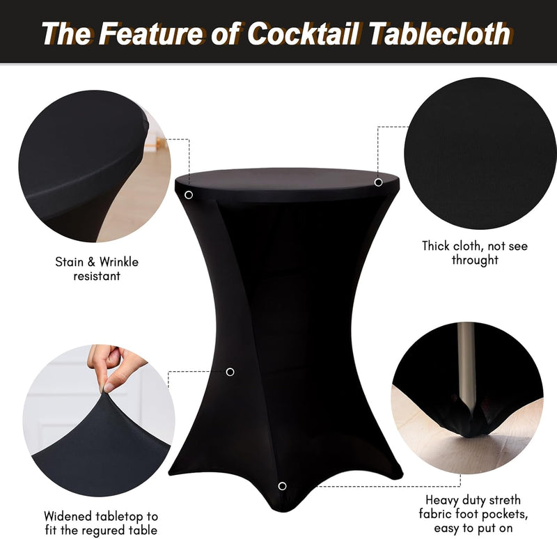 Fixwal Cocktail Tablecloth, Bar Top Table Covers 2 Pack 32x43 Black High Table Cloths Round Table Cover, Spandex Stretch Table Cloth for Pub, Party, Wedding