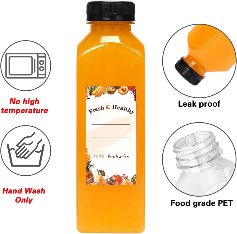 Moretoes 56pcs 16oz Plastic Juice Bottles with Caps, Clear Empty Containers with Brush Funnel and Labels for Coffee Smoothies Ginger and Other Beverages
