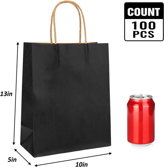 100pcs Paper Gift Bags 10x5x13 Inches Black Kraft Paper Bags with Handles Bulk for Shopping, Retail, Small Business, Birthday Wedding Party Favor, Merchandise