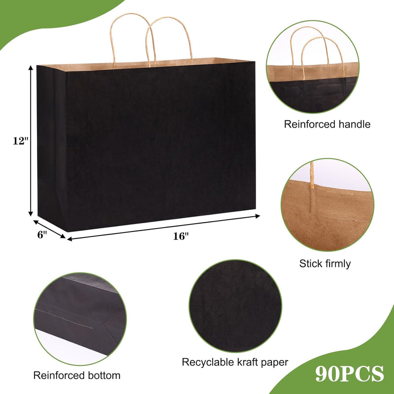 Moretoes 90pcs Black Gift Bags, 16x6x12 Inch Large Paper Bags with Handles Bulk for Boutiques, Grocery, Small Business, Mechandise, Party, Gifts & Merchandise