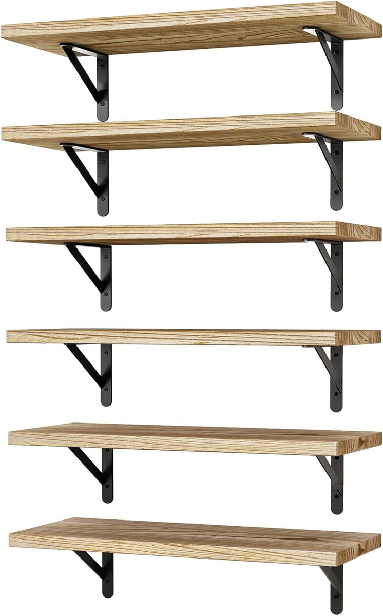16.5 Inch Floating Shelves for Wall, Farmhouse Wall Shelves for Bedroom, Bathroom Storage, Living Room and Kitchen Decor (Set of 6 Light Brown Color)