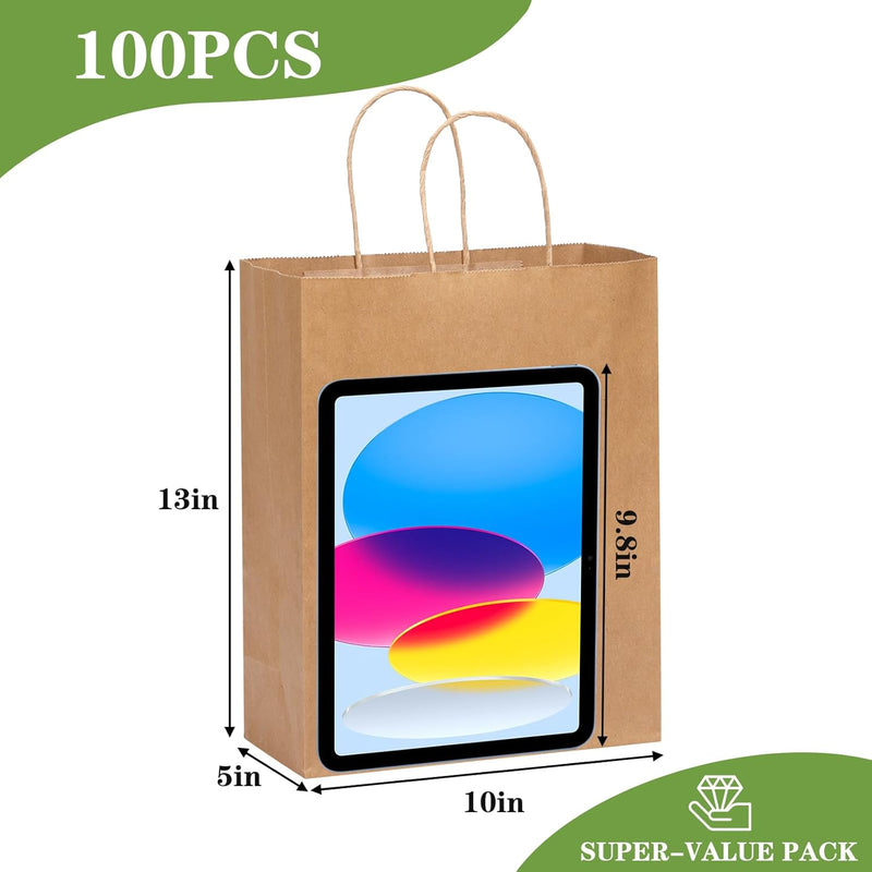 Moretoes 100pcs Paper Gift Bags 10x5x13 Inches Brown Kraft Paper Bags with Handles Bulk for Shopping, Retail, Small Business, Birthday Wedding Party Favor, Merchandise