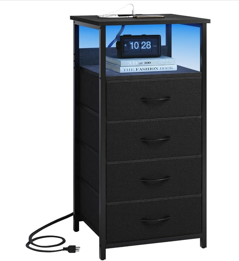 Fixwal Night Stand with 4 Fabric Storage Drawers, Tall Nightstand Bedside Table with Charging Station & Led Lights, Fabric Dresser for Bedroom, Black