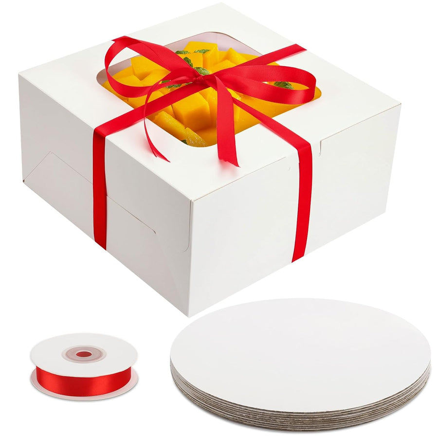 10 Sets Large Cake Boxes with Red Ribbons - 10pcs White Boxes & 10 Inches Round Cake Boards for Pastries, Chocolates, Cookies