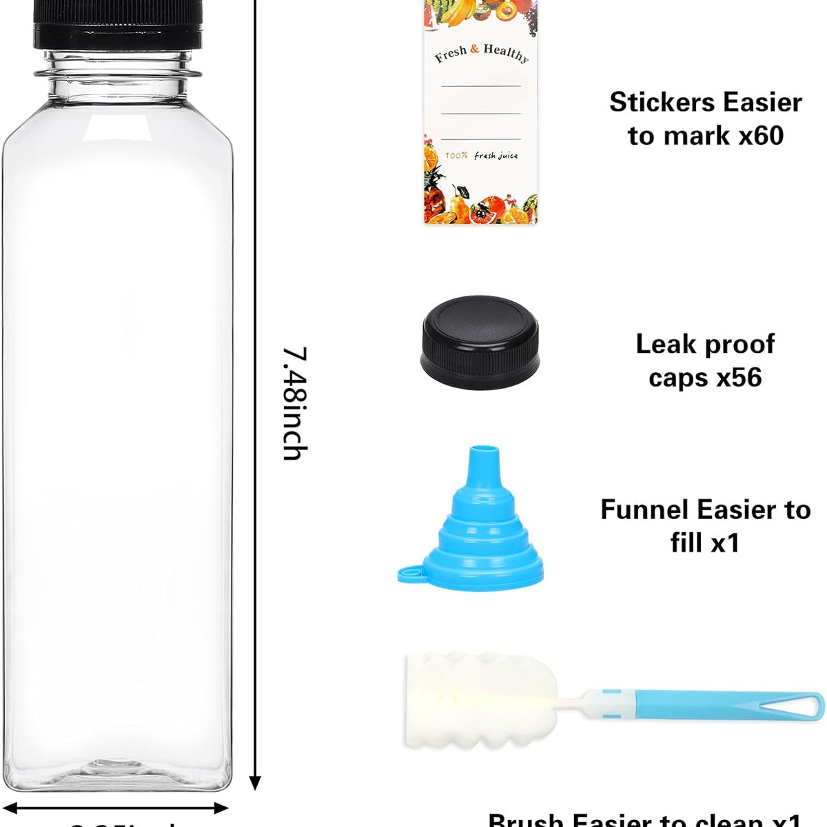 Moretoes 56pcs 16oz Plastic Juice Bottles with Caps, Clear Empty Containers with Brush Funnel and Labels for Coffee Smoothies Ginger and Other Beverages