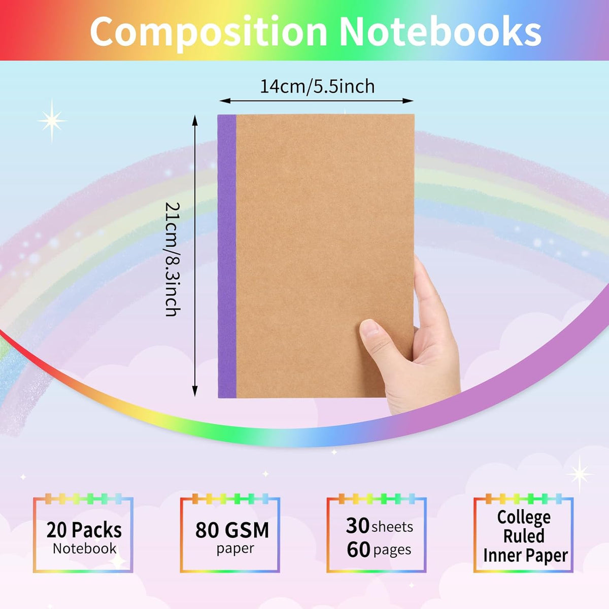 20 Pack A5 Kraft Notebooks, Lined Journal Bulk with Rainbow Spine, 10 Colors, 60 Pages Soft Cover Composition Notebooks for Women Girls Kids, School Office Supplies