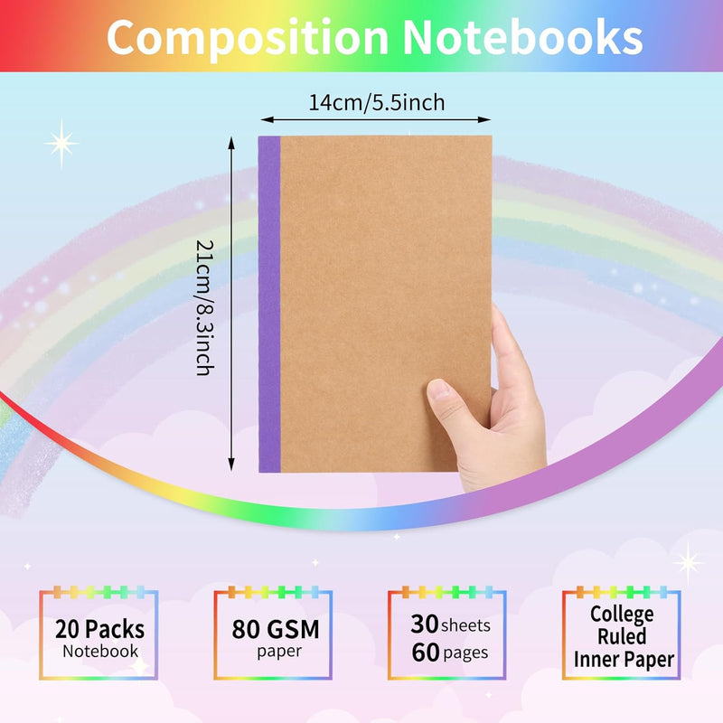 20 Pack A5 Kraft Notebooks, Lined Journal Bulk with Rainbow Spine, 10 Colors, 60 Pages Soft Cover Composition Notebooks for Women Girls Kids, School Office Supplies