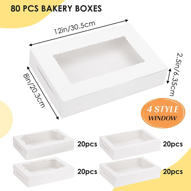 80pcs Cookie Boxes with Window, 12x8x2.5 Inches 4 Style Bakery Boxes, Large White Treat Containers for Chocolate Strawberries, Cakes, Donuts, Muffins and Pastries