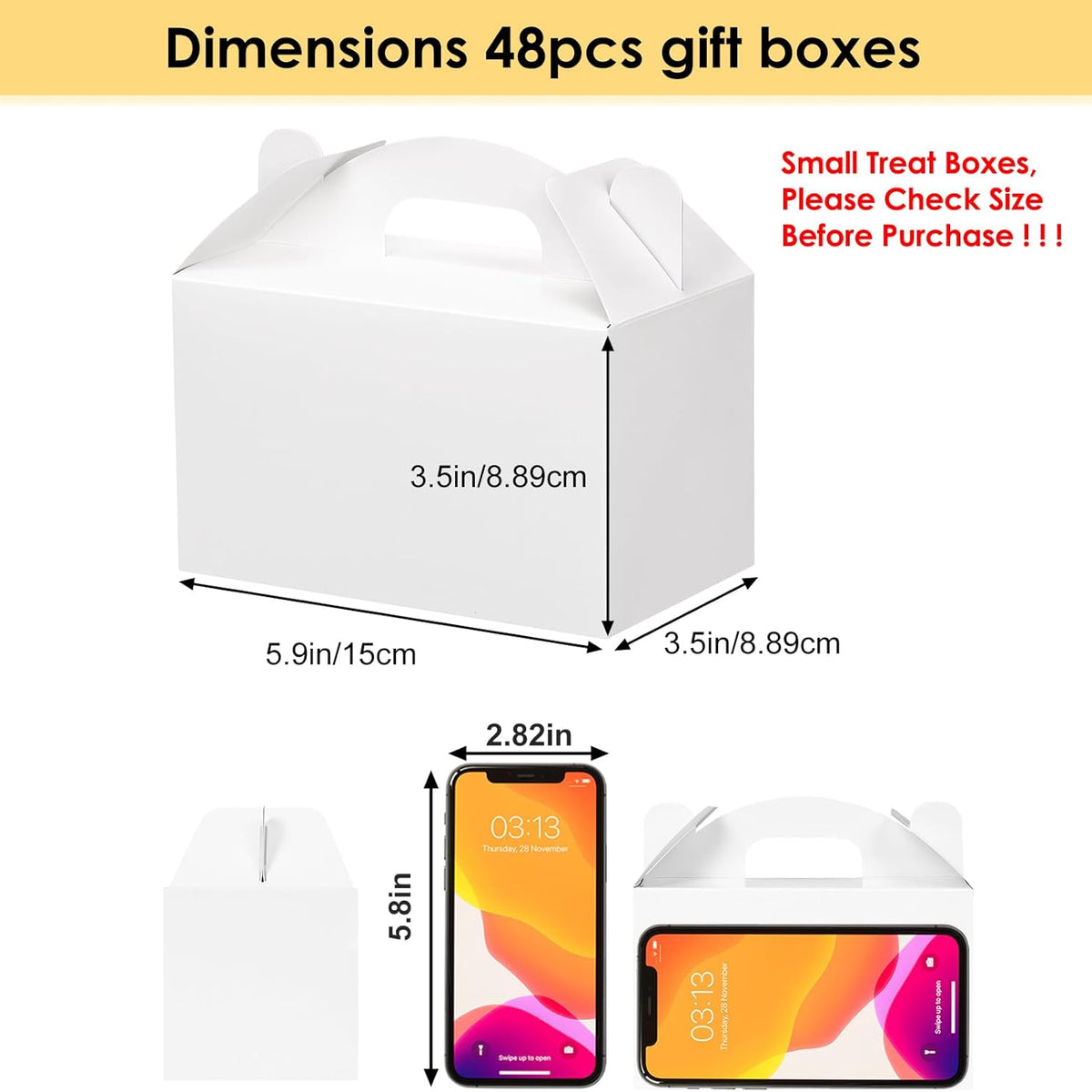 Moretoes 48 Pack White Party Favor Treat Boxes, Gable Gift Boxes with Handles, Candy Boxes for Birthday, Wedding, Baby Shower, Holiday