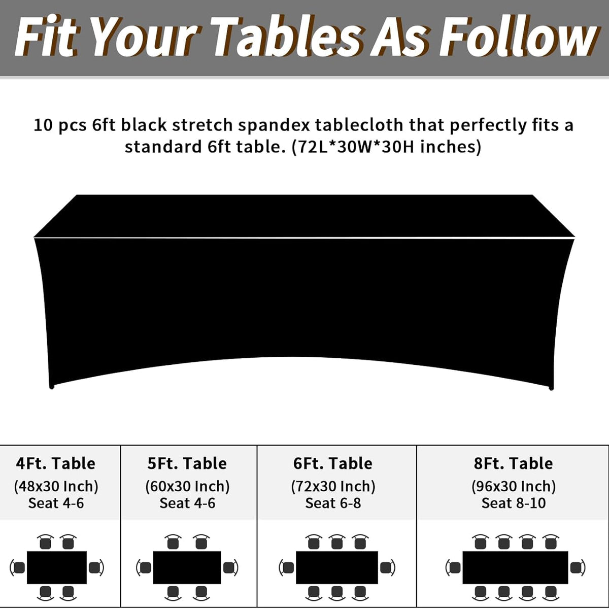 Fixwal 10 Pack 6Ft Black Table Cover, Spandex Fitted Tablecloths Rectangle, Wrinkle-Free and Stretch Folding Table Cloth for Banquet, Wedding, Party, Trade Show