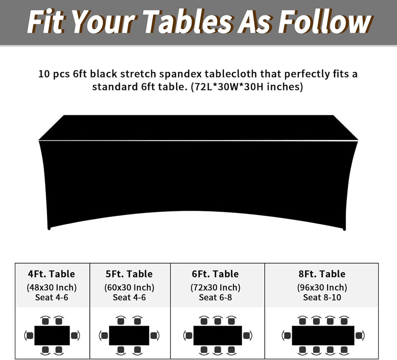 Fixwal 10 Pack 6Ft Black Table Cover, Spandex Fitted Tablecloths Rectangle, Wrinkle-Free and Stretch Folding Table Cloth for Banquet, Wedding, Party, Trade Show