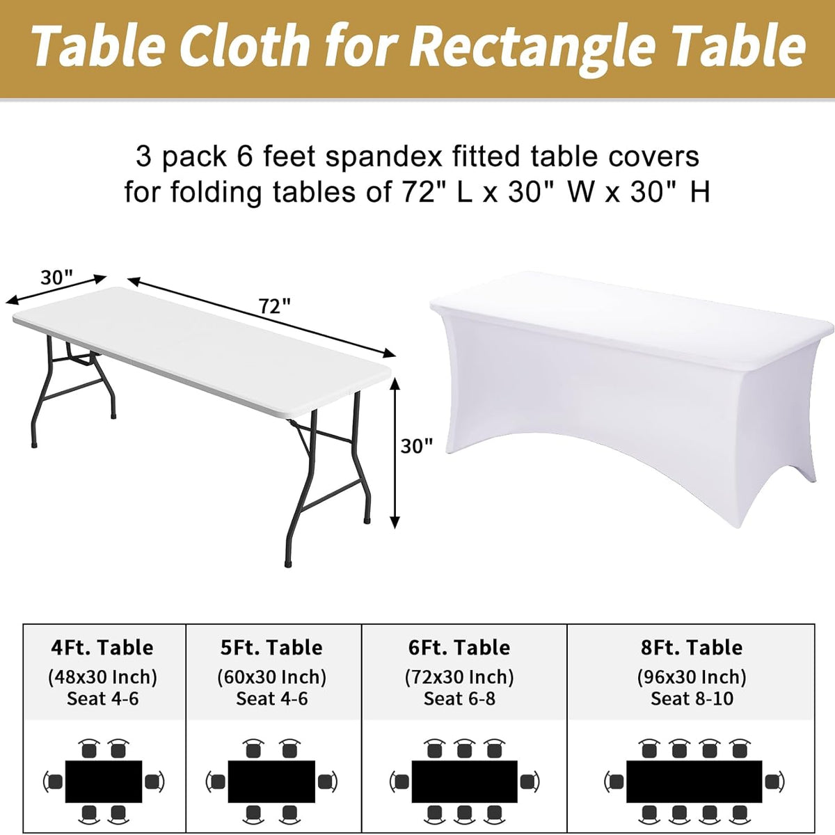 Fixwal 3 Pack White Table Cloths Rectangle 6FT, Tablecloths Rectangular Stretch Spandex Fitted Table Covers 6FT for Party, Trade Show, Banquet, Wedding, Buffet, Graduation Decoration